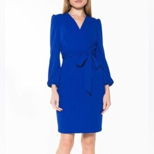 🌷Alexia Admor Aliana Blue Sheath Dress with Bishop Sleeves and V-Neck medium